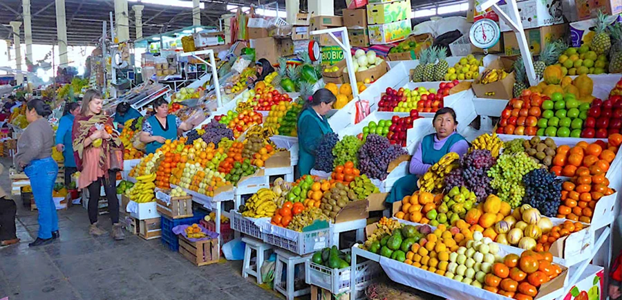 Local vendor at San Pedro Market in Cusco selling fresh exotic fruits